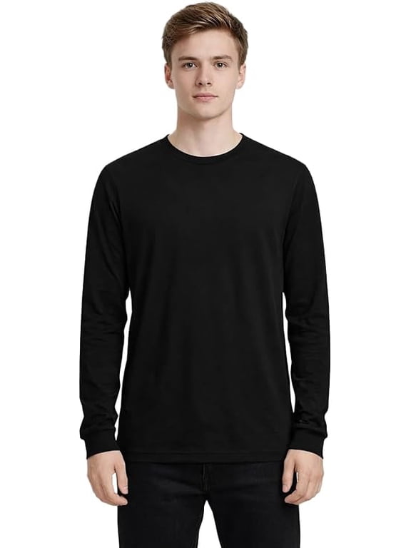 Adult Unisex Lightweight Long Sleeve T-Shirt, 4.3 oz Soft Cotton Tee, Regular Fit Casual Crewneck Shirt for Men & Women, Breathable Basic Everyday Wear-Black