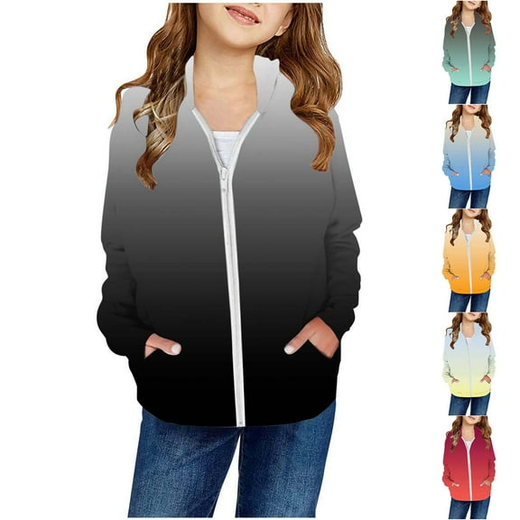 Unisex Long Sleeve Hooded Sweatshirt,Gradient Color Patch Zipper Up Pullover Hoodie With Pocket Cardigan Jackets Black, 13-14Y