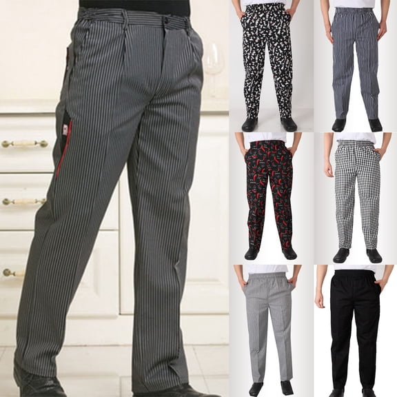 Unisex Loose Printed Chef Pants, Kitchen Uniform, Elastic Waist, Restaurant Work Pants Striped Style Solid Color Style