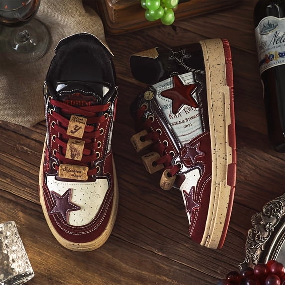 Unisex Low Top Sneakers | All-Season Lace-Up Design, Red Black Geometric Pattern with Cushioned Rubber Sole , Vintage Style, Ideal for Street Style and Business Settings,