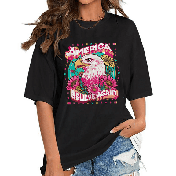 Unisex "MERICA BETTEVEAGAIN" Vintage Humor Print T-Shirts Short Sleeve Patriotic Graphic Tees Merica Shirts Casual Tops Black,L