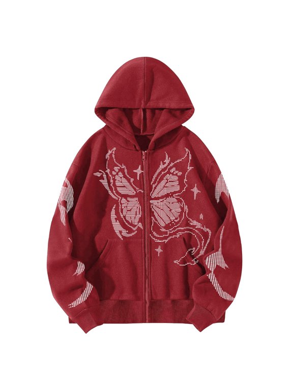 Unisex Matrix Butterfly Print Zip Up Hoodie American Y2K Style Casual Matching Couple Cardigan Jacket