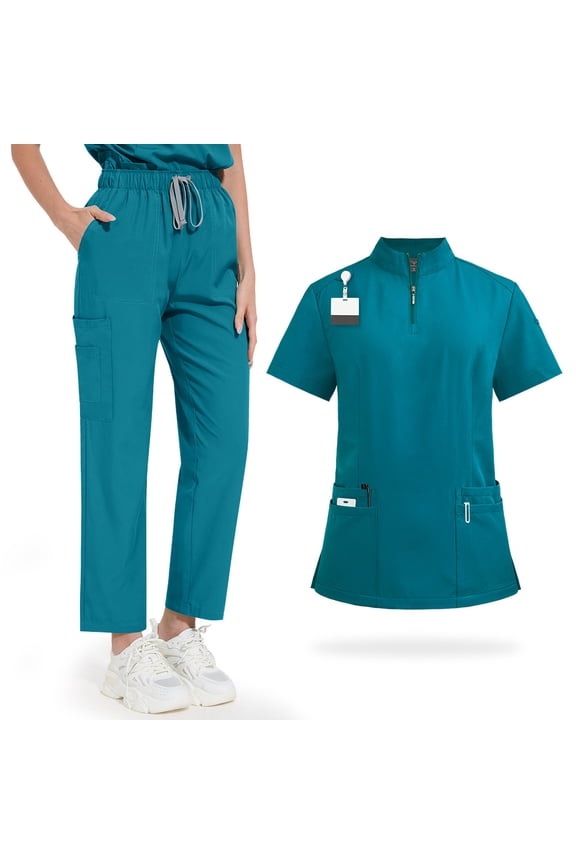 Unisex Medical Nursing Uniform Set Mao Collar Zipper Scrub Top and Pants Nurse Work Uniform