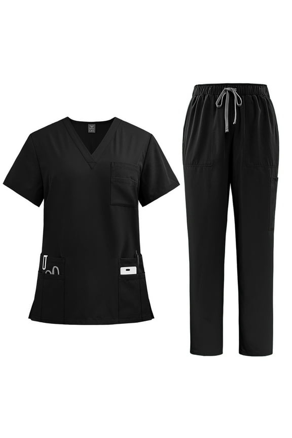 Unisex Medical Scrubs Set Comfortable V-Neck Top and Drawstring Pants with Multiple Pockets Burgundy