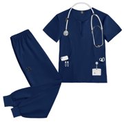 Unisex Medical Scrubs Set Nurse Work Uniform Shirt and Pant Set with Pockets for Clinics