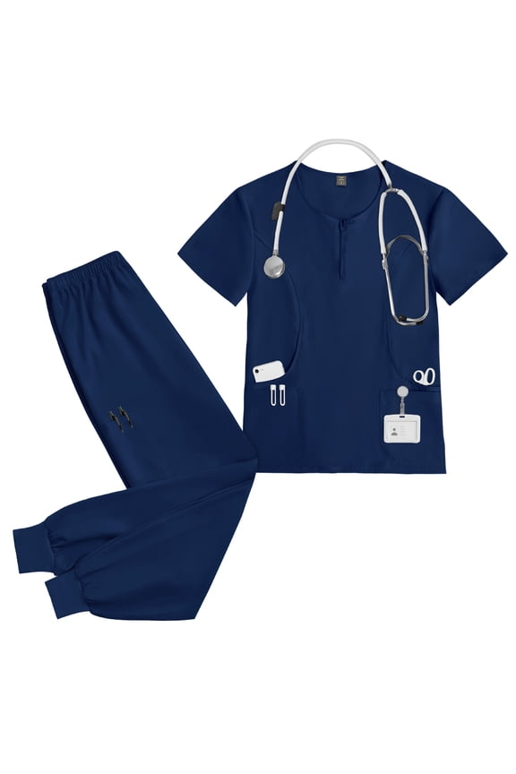 Unisex Medical Scrubs Set Nurse Work Uniform Shirt and Pant Set with Pockets for Clinics