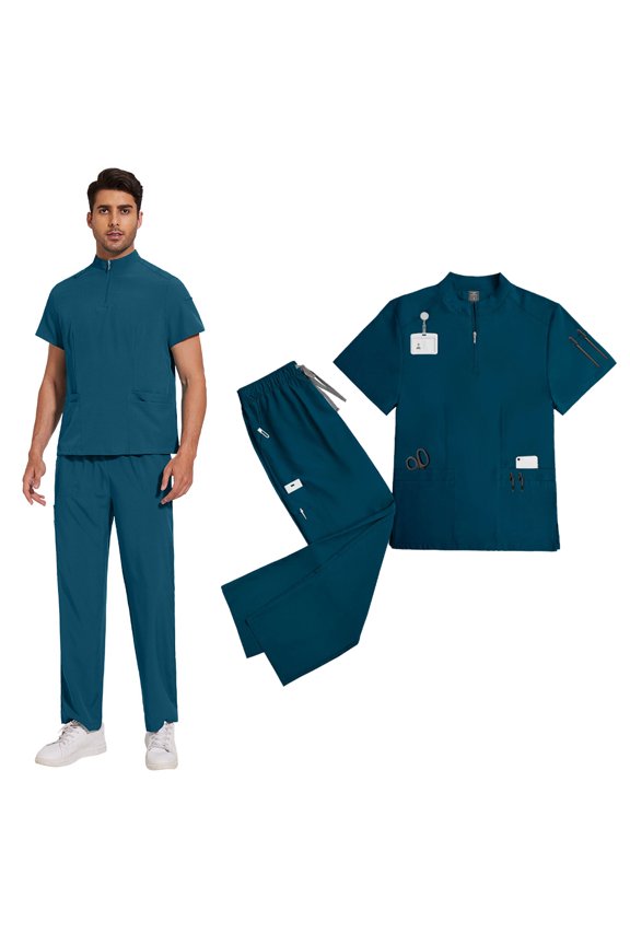 Unisex Medical Scrubs Set Stand Collar Zipper Nursing Work Uniform with Pockets for Hospital