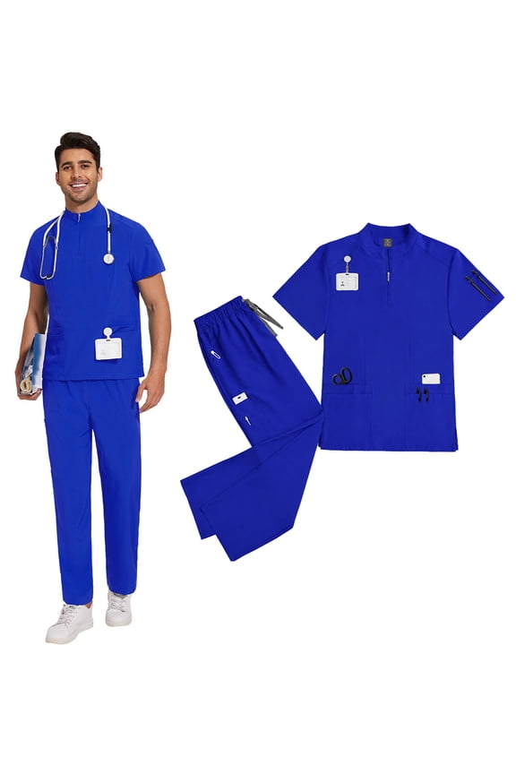Unisex Medical Scrubs Set Stand Collar Zipper Nursing Work Uniform with Pockets for Hospital