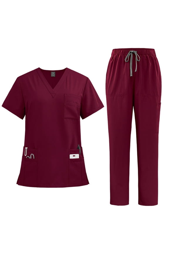 Unisex Medical Scrubs Set V-Neck Top and Drawstring Pants, Comfortable and Durable, Multiple Pockets, Burgundy