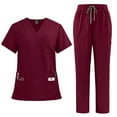 thumbnail image 1 of Unisex Medical Scrubs Set V-Neck Top and Drawstring Pants, Professional Workwear for Nurses & Doctors, Burgundy, 1 of 2