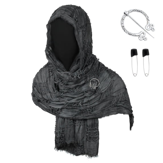 Unisex Medieval Hooded Cape Warrior Cosplay Cloak with Tattered Scarf for Halloween Renaissance Fair and LARP Black