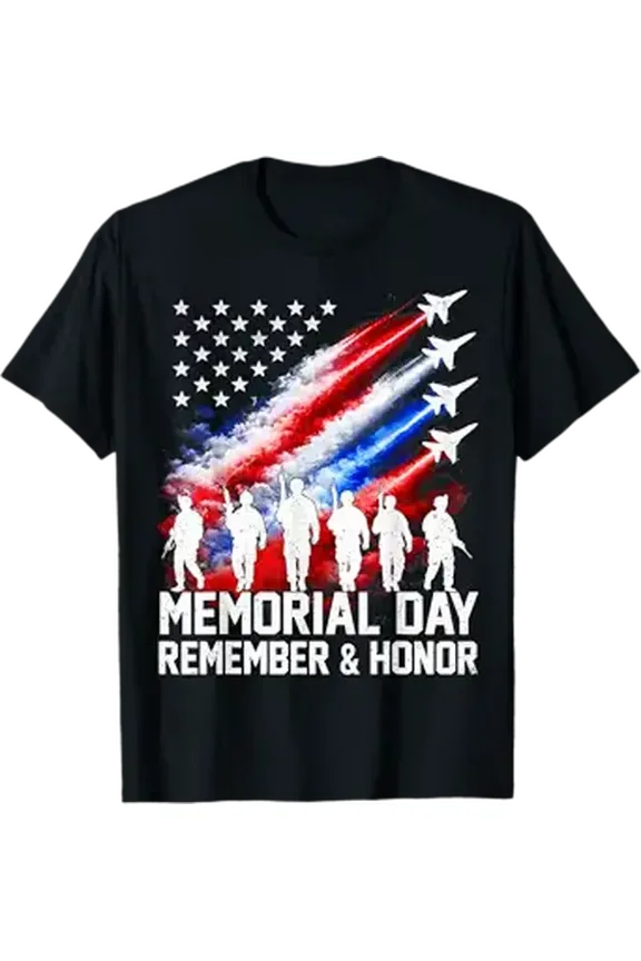 Unisex Memorial Day Crewneck T-Shirt, Patriotic US Flag "Remembering Our Fallen Heroes" Tribute Short Sleeve Tee