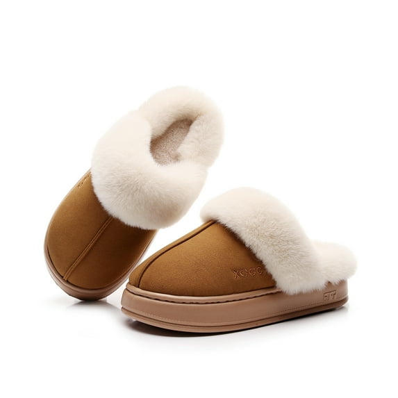 Unisex Memory Foam House Slippers, Faux Fur Lined Indoor Fuzzy Slippers with No-slip Sole, Slip on Suede Home Shoes, Warm Winter Gift for Women & Men