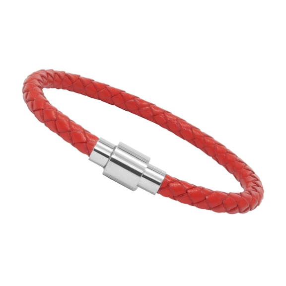 Genuine Braided Leather Bracelet With Stainless Steel Magnetic Clasp, Red