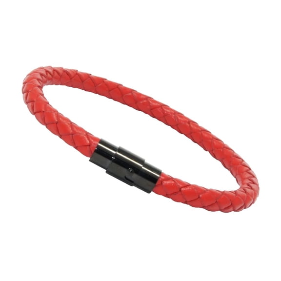 Genuine Braided Leather Bracelet with Black Stainless Steel Clasp, 7-Inch Red