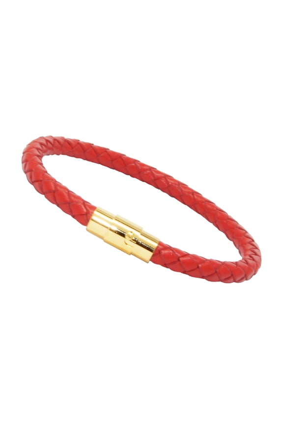 Genuine Braided Leather Bracelet With Stainless Steel Magnetic Clasp, Red