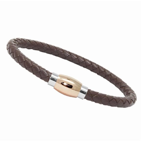 Genuine Braided Leather Bracelet with Two-Tone Rose Gold and Silver Stainless Steel Clasp, 8.5-Inch Brown