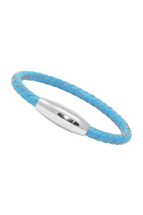 Genuine Braided Leather Bracelet with Satin Silver-Tone Stainless Steel Clasp, 7-Inch Blue