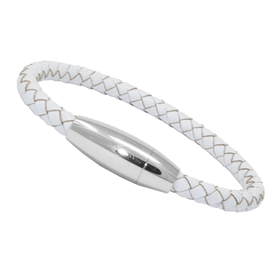 Genuine Braided Leather Bracelet With Stainless Steel Magnetic Clasp, White