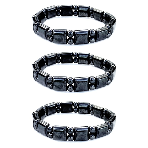 Unisex Men Women Black Sleek Hematite Stretch Bracelet - 3 Pieces