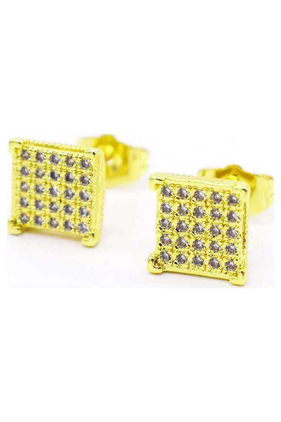 Unisex - Men Women Iced Hip Hop Square Push Back Stud Earrings 18k Layered Real Gold Plated