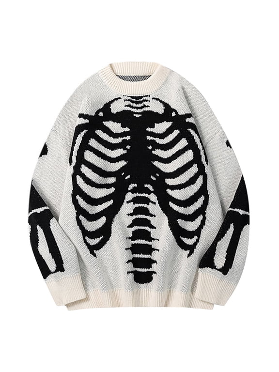 Unisex Men Women Oversized Skeleton Sweater Graphic Crewneck Knitted Jumper Tops White XL