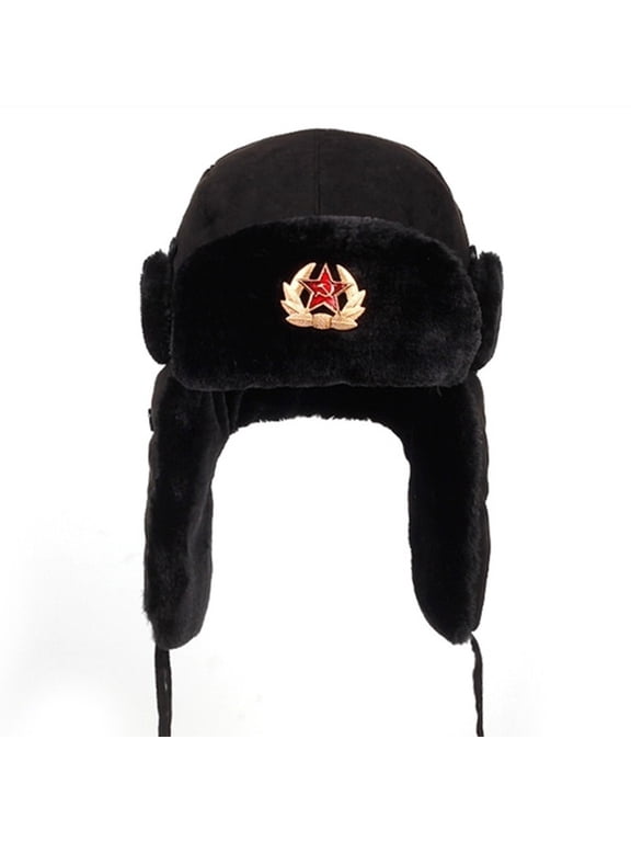 Cotton Unisex Men Women Russian Ushanka Badge Bomber Hat Pilot Hat Winter Hat with Earflaps Winter Warm Hat