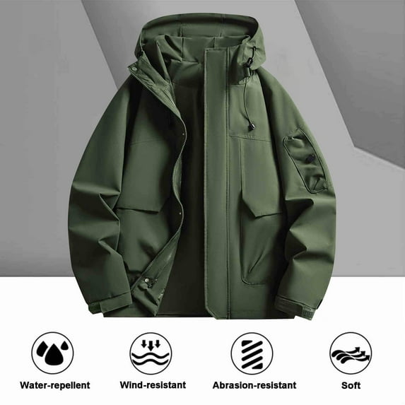 Unisex Men Women Solid-Color Trench Coat Waterproof Outdoor Zipper Pocket Long Sleeve Hooded Casual Outwear Jacket Mens Tops Casual Stylish Fashion Comfy Rainwaterproof Jacket Men Zip Up jacket