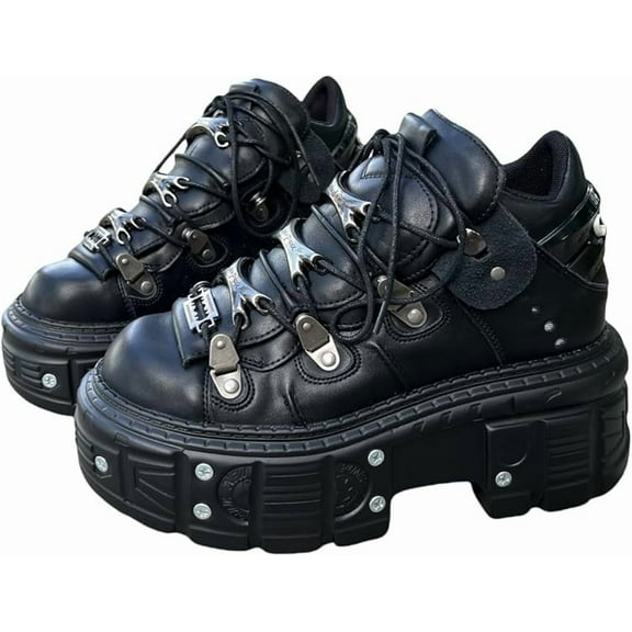 Unisex Men Women Trend Metal Decoration Round Toe Thick Sole Platform Chunky Heels Pumps Large Size Popular Western Punk Street Shoes