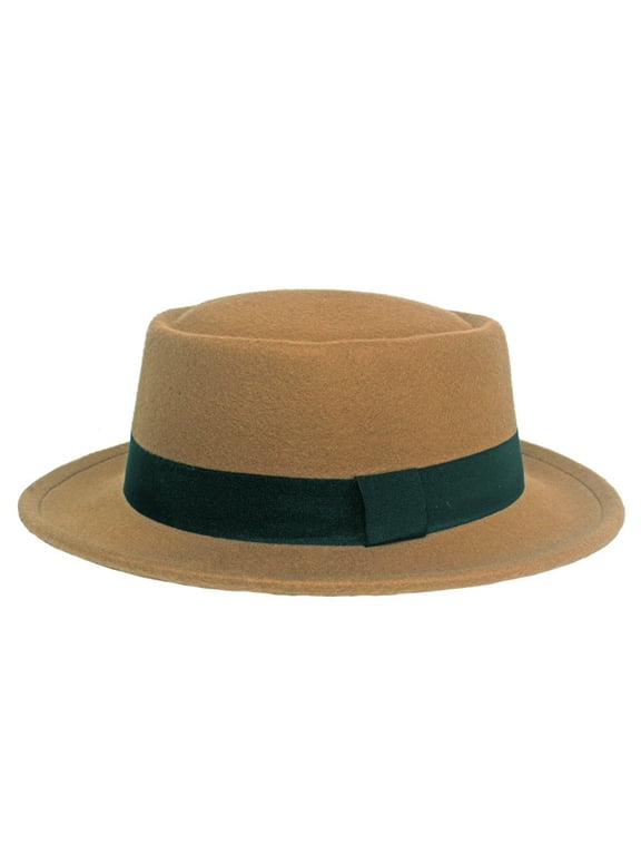 Unisex Men Women Wide Brim Woolen Pork Pie Hat Round Flat Top Cap