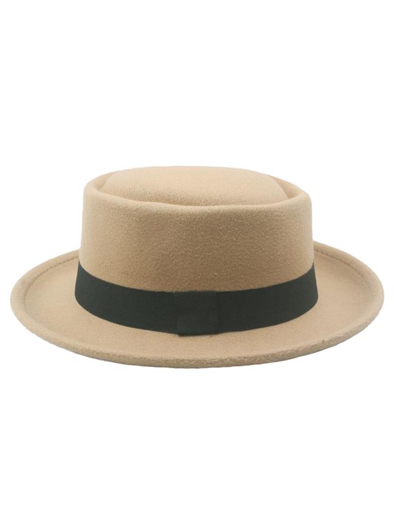 Unisex Men Women Wide Brim Woolen Pork Pie Hat Round Flat Top Cap