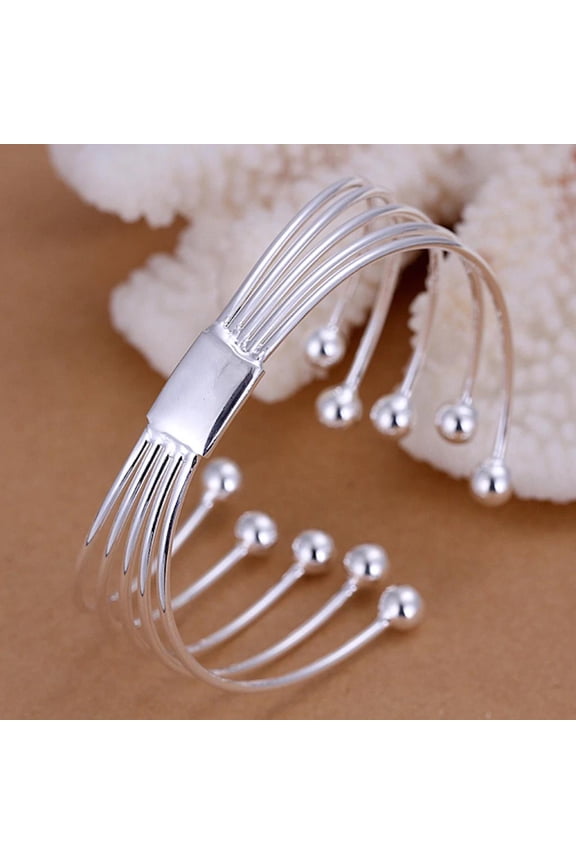 Unisex Men Womens 925 Sterling Silver Cuff Bangle Beads Bracelet L88