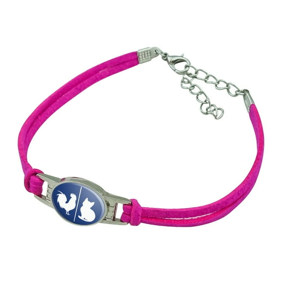 Unisex Men and Women Restroom Sign With Rooster and Cat Novelty Suede Leather Metal Bracelet