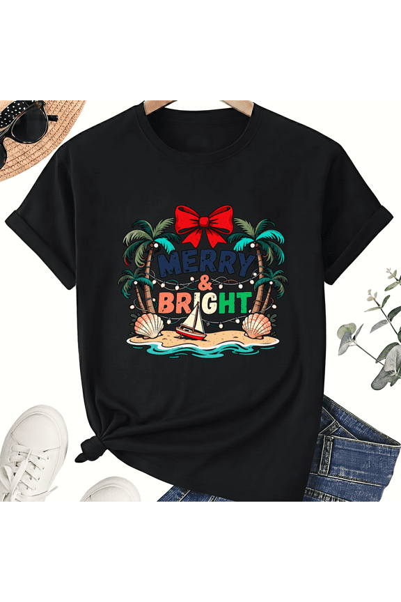 Unisex Merry Bright Beach T-Shirt, Palm Tree Christmas in July Graphic, 100% Cotton Short Sleeve Tee