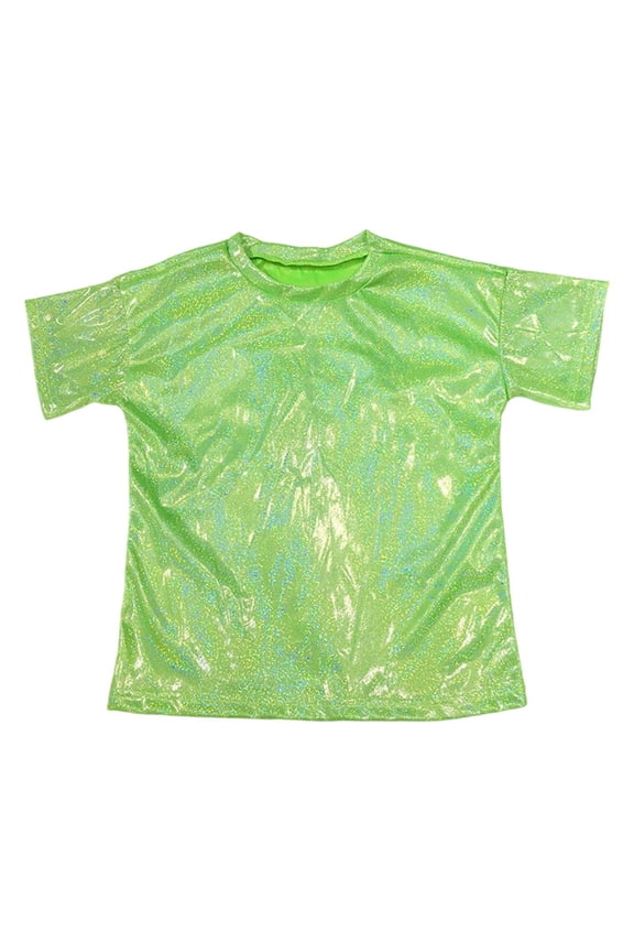 Unisex Metallic Sequined Dance Shirt with Reflective Print, Loose-Fit Short Sleeve Top for Kids, Boys & Girls – Stage Performance & Streetwear Fashion