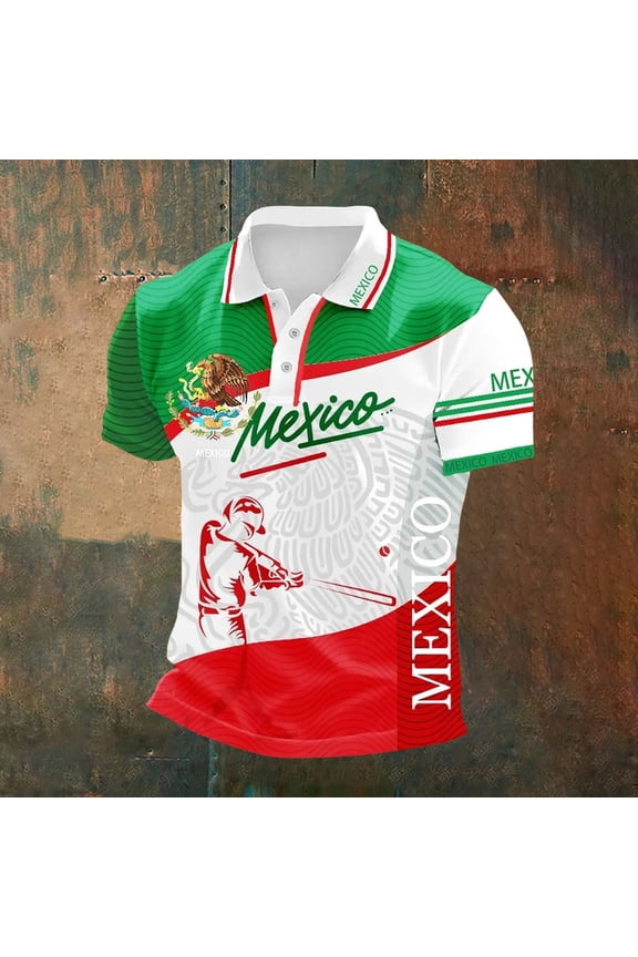 Unisex Mexican Flag Summer Shirt Button Lapel Short Sleeve Light Green Soft Breathable Lightweight Stretchy Top
