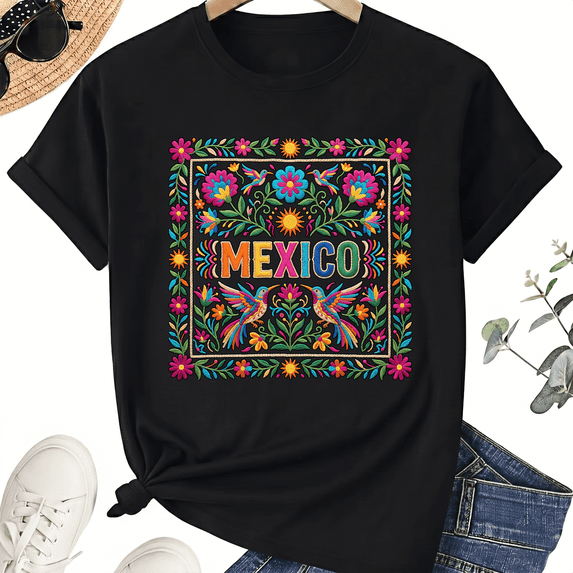 Unisex Mexican Folk T-Shirt, Colorful Mexico Floral Art, 100% Cotton Short Sleeve Tee