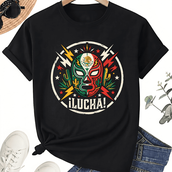 Unisex Mexican Lucha T-Shirt, Lightning Mask Fiesta Graphic, 100% Cotton Short Sleeve Tee