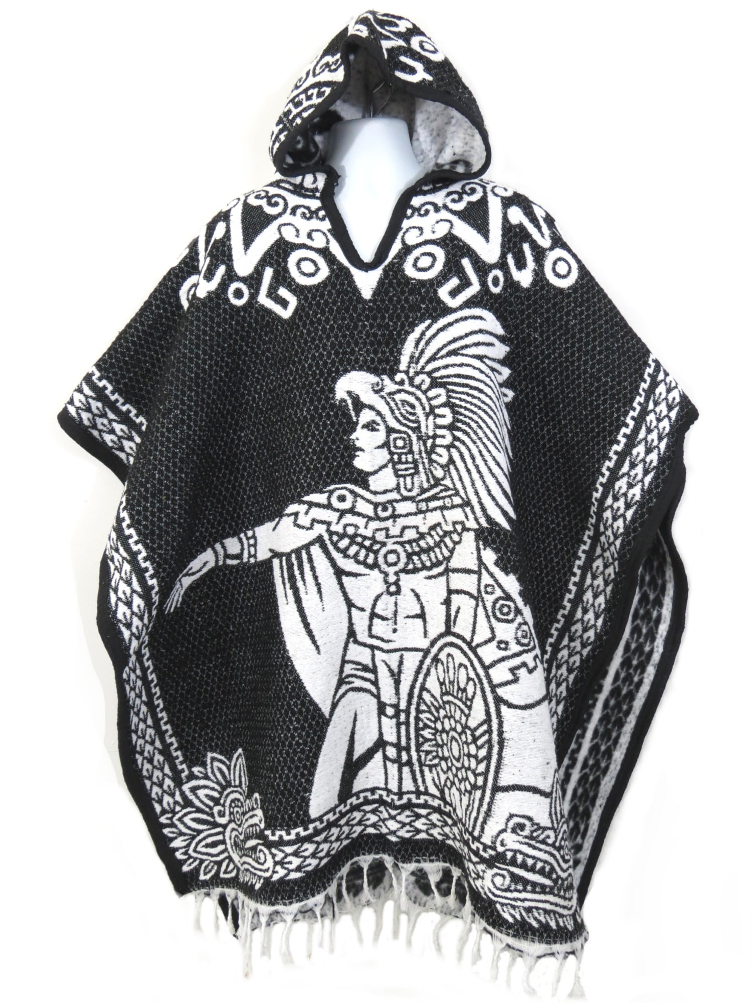 Unisex Mexican Poncho Cobija Blanket with Hoodie Aztec Warrior Aztec