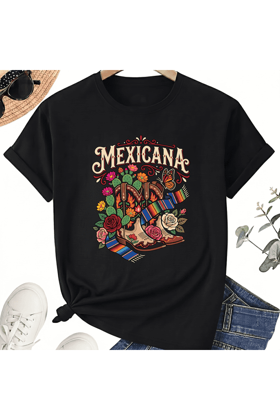 Unisex Mexicana Boots T-Shirt, Floral Western Graphic, 100% Cotton Short Sleeve Tee
