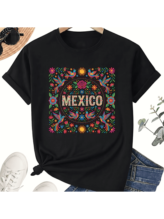 Unisex Mexico Folk T-Shirt, Floral Square Graphic, 100% Cotton Short Sleeve Tee