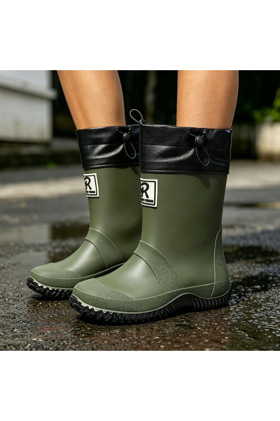 Unisex Mid Calf Rain Boots Waterproof Rubber Adjustable Drawstring Collar Slip Resistant Outdoor Garden Work Boots Green 48