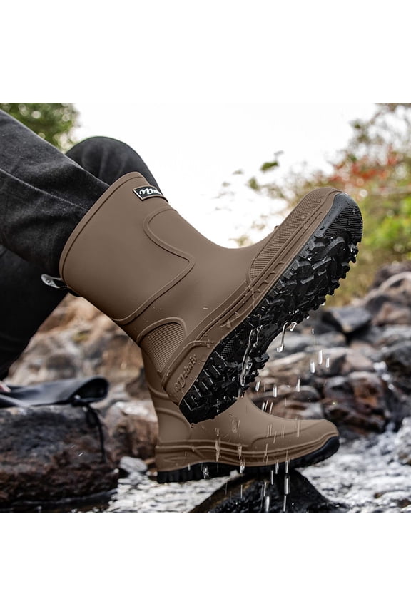Unisex Mid Calf Waterproof Rain Boots, Matte Rubber Logo Label Mud Boots, Textured Patch Chunky Tread Non Slip Sole Gardening Work Shoes Brown B
