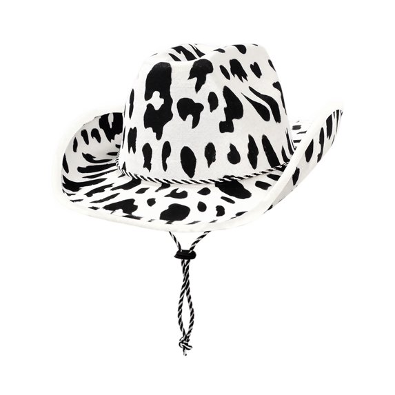 Unisex Milk Print Western Cowboy Hat Double-Sided Plush Winter Beanie Outdoor Cap Wide Brim Adjustable Strap for Holiday Parties and Cold Weather Wear Black One Size