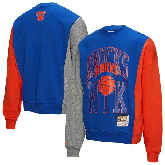 Unisex Mitchell & Ness-Blue New York Knicks Hardwood Classics Split 3 Pullover Sweatshirt