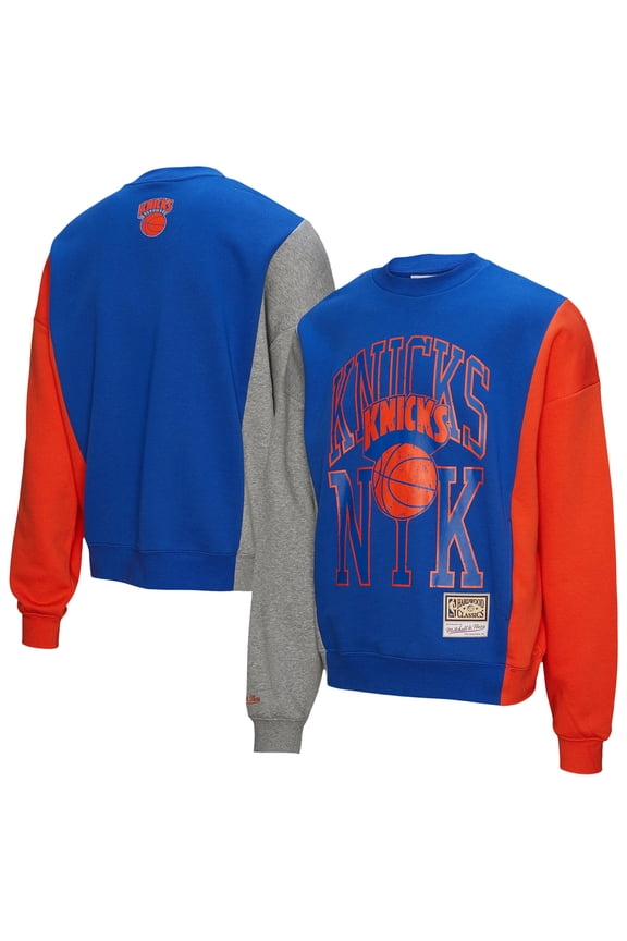 Unisex Mitchell & Ness-Blue New York Knicks Hardwood Classics Split 3 Pullover Sweatshirt