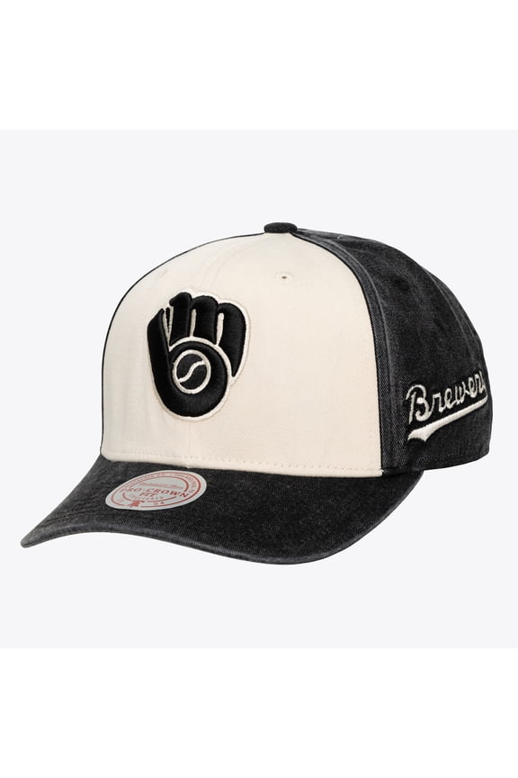 Unisex Mitchell & Ness Cream/Black Milwaukee Brewers Snow Block Pro Crown Adjustable Hat
