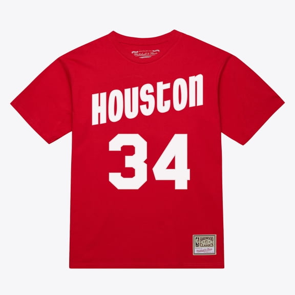 Unisex Mitchell & Ness Hakeem Olajuwon Red Houston Rockets Hardwood Classics Name & Number T-Shirt