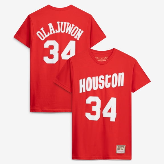 Unisex Mitchell & Ness Hakeem Olajuwon Red Houston Rockets Hardwood Classics Name & Number T-Shirt
