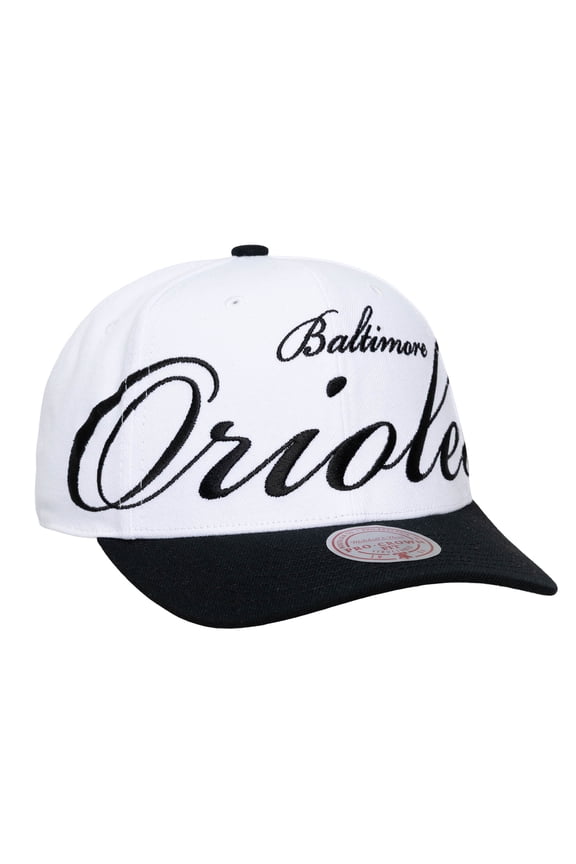 Unisex Mitchell & Ness White/Black Baltimore Orioles XL Script Pro Crown Adjustable Hat
